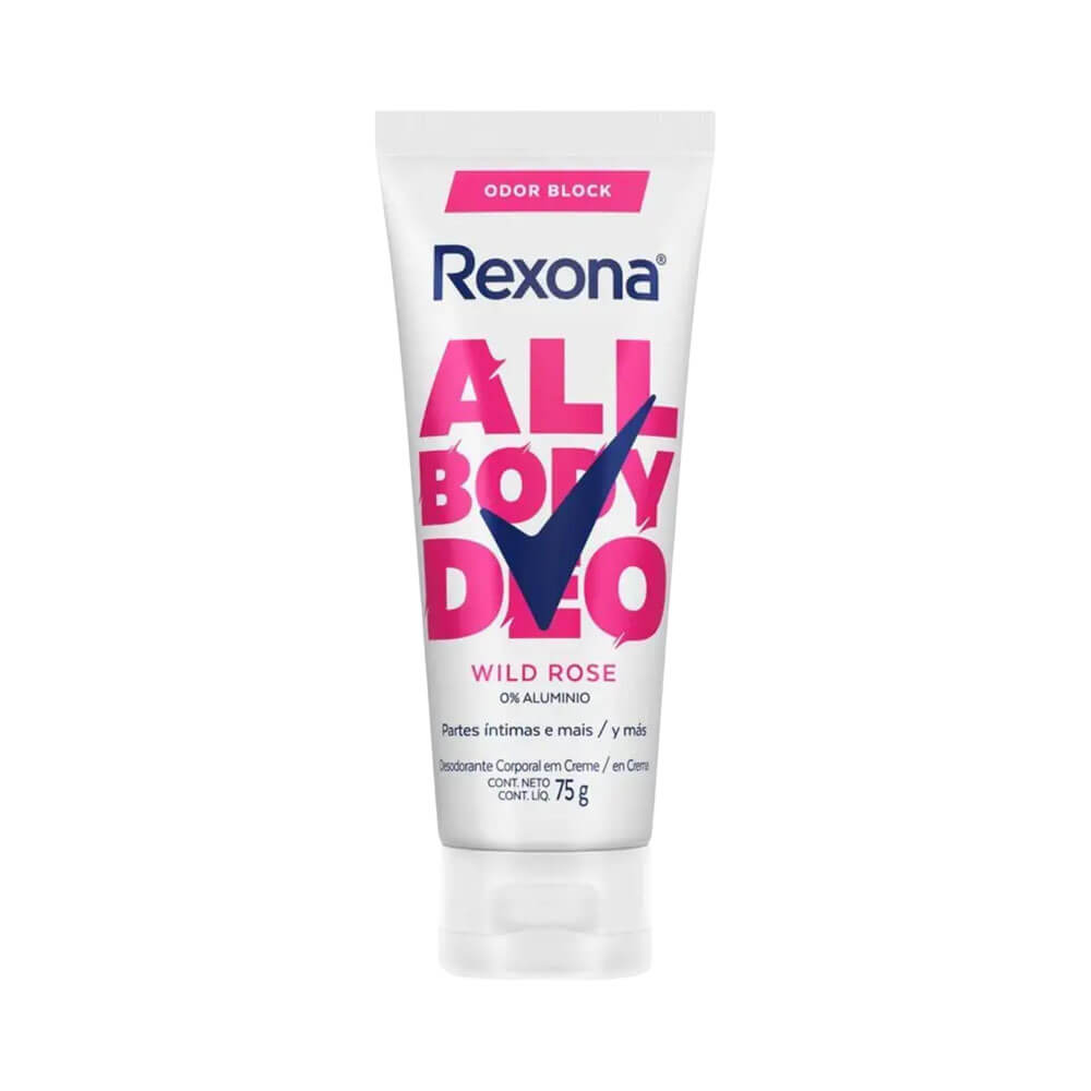 Desodorante Creme Rexona All Body Deo Wild Rose 75g em bisnaga branca com detalhes em rosa e azul